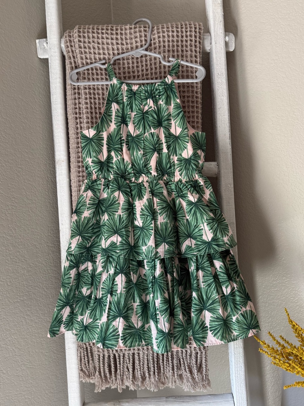 Janie and Jack Cream Dress with Green Palm Print